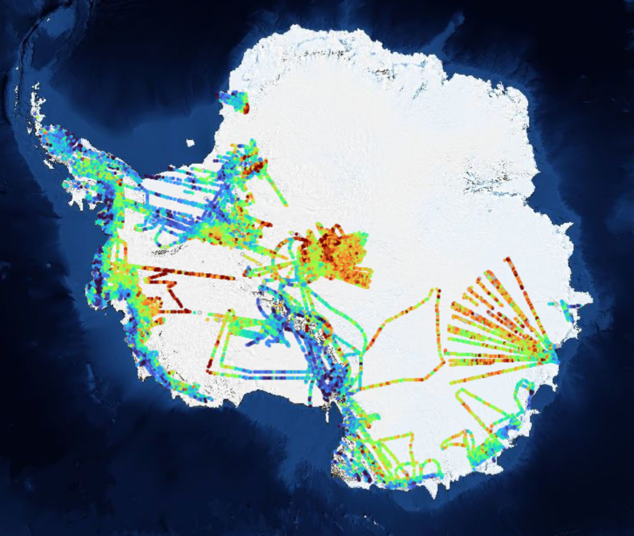 Radar sounding flight lines over Antarctica coloured by required surface SNR